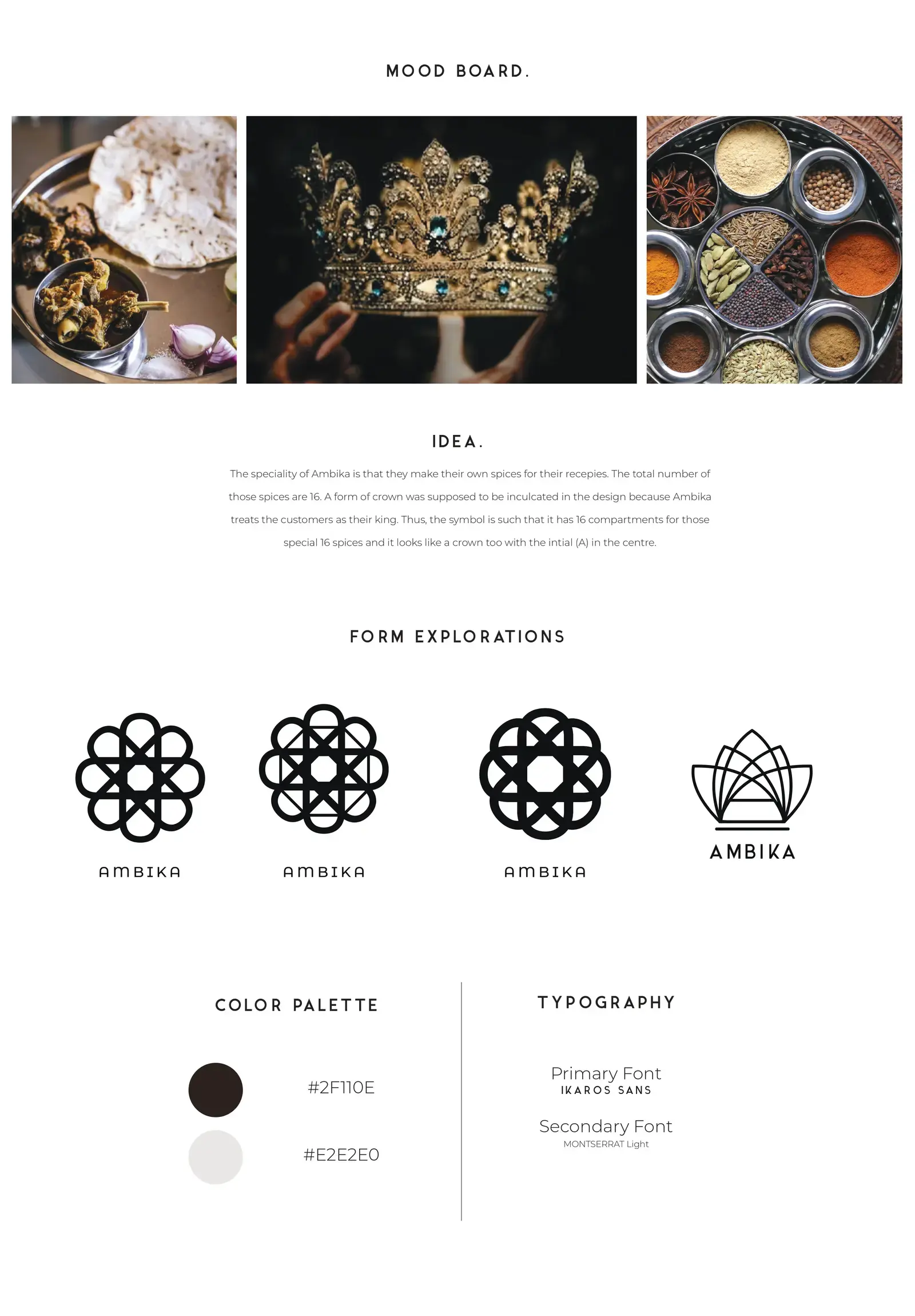 Complete Ambika moodboard, mark explorations, palette and typography board