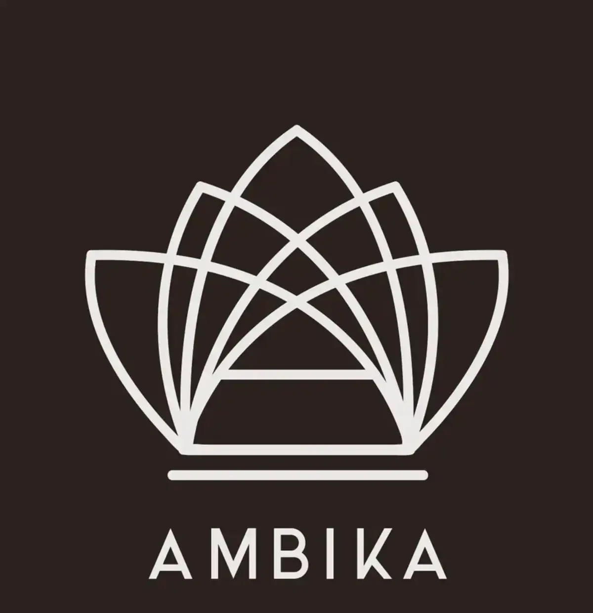 Ambika geometric emblem and wordmark on a deep oxblood background