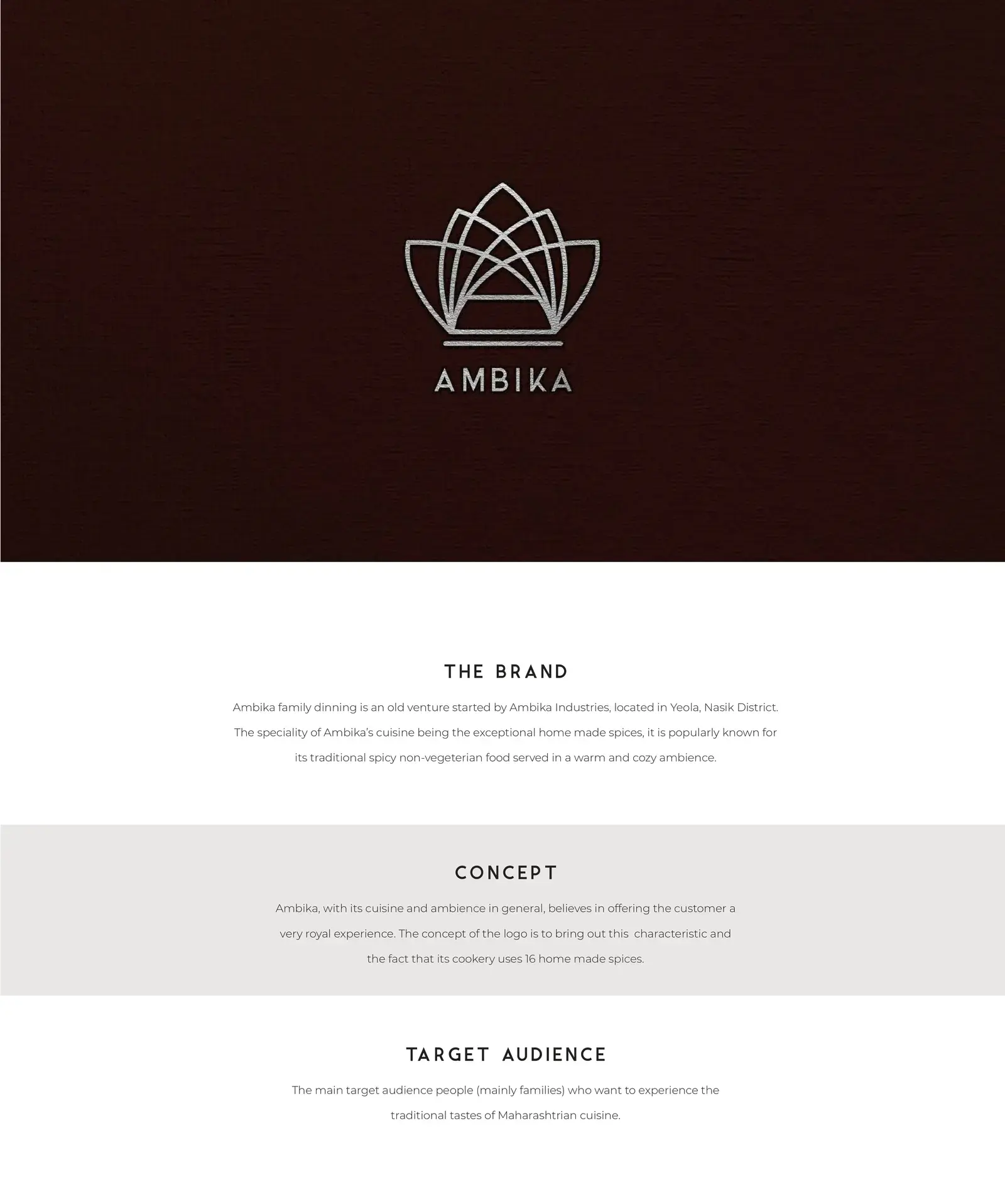 Complete Ambika brand story board with the primary emblem and project context