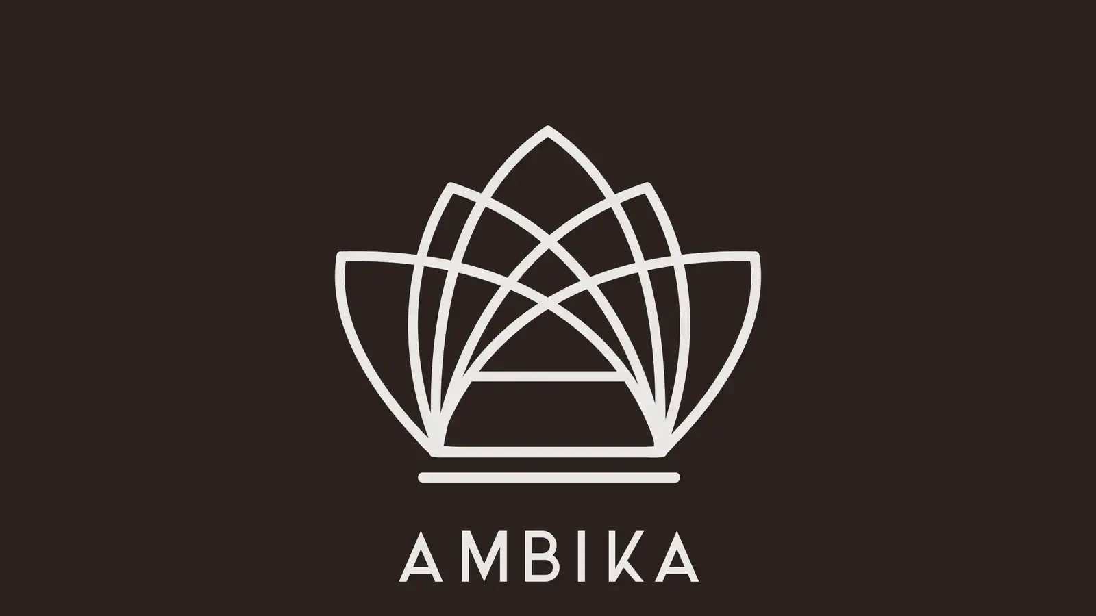 Ambika geometric emblem and wordmark on a deep oxblood background