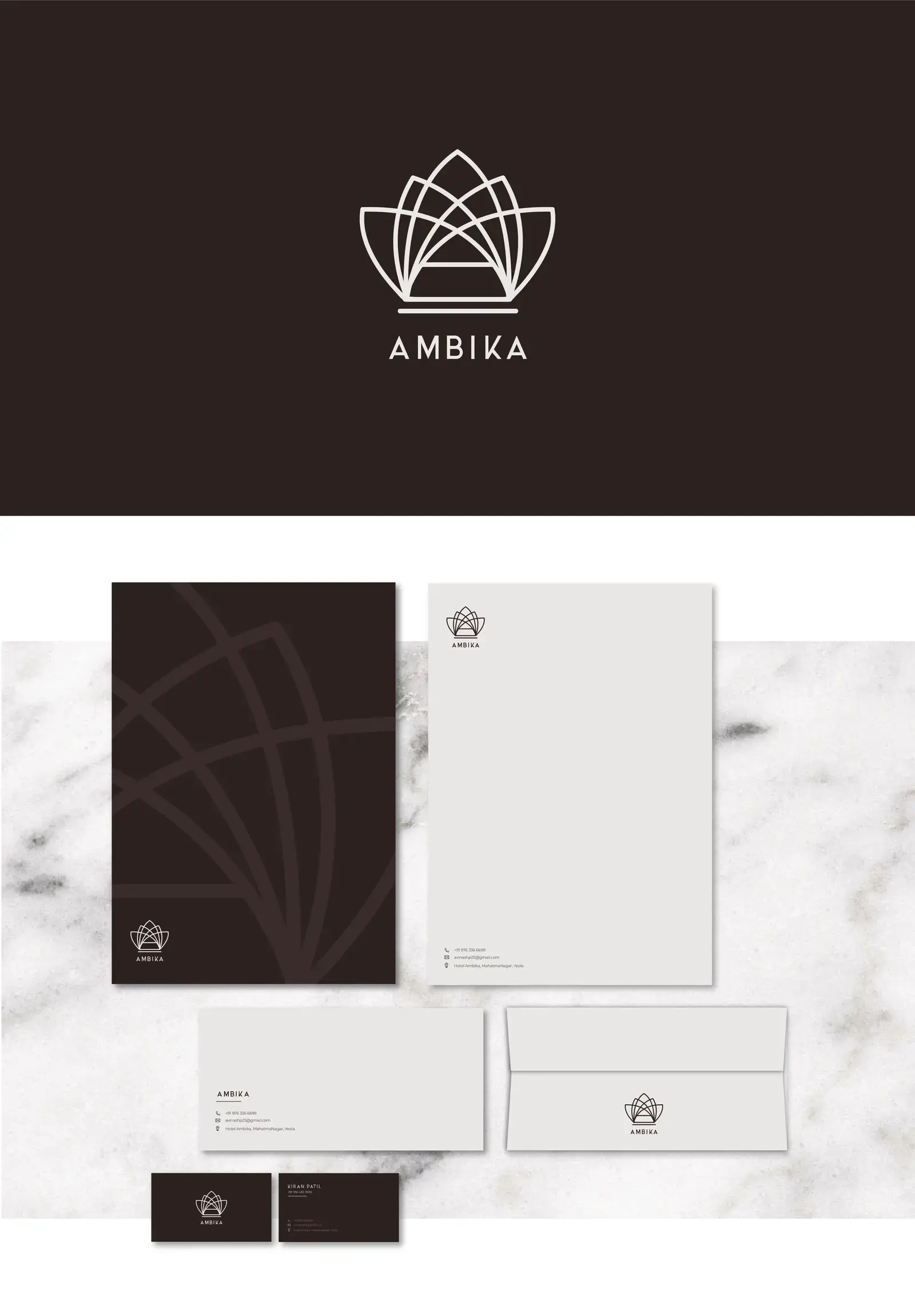 Complete Ambika primary identity and stationery presentation board