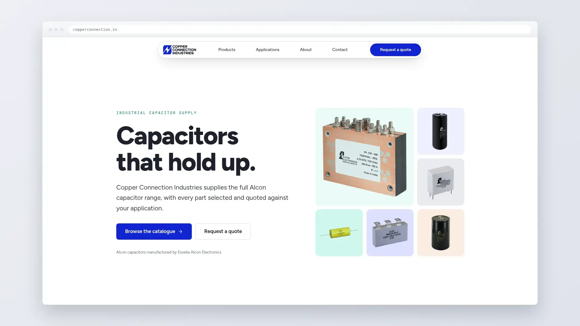 Desktop CCI homepage with an Alcon capacitor mosaic beside the catalogue introduction
