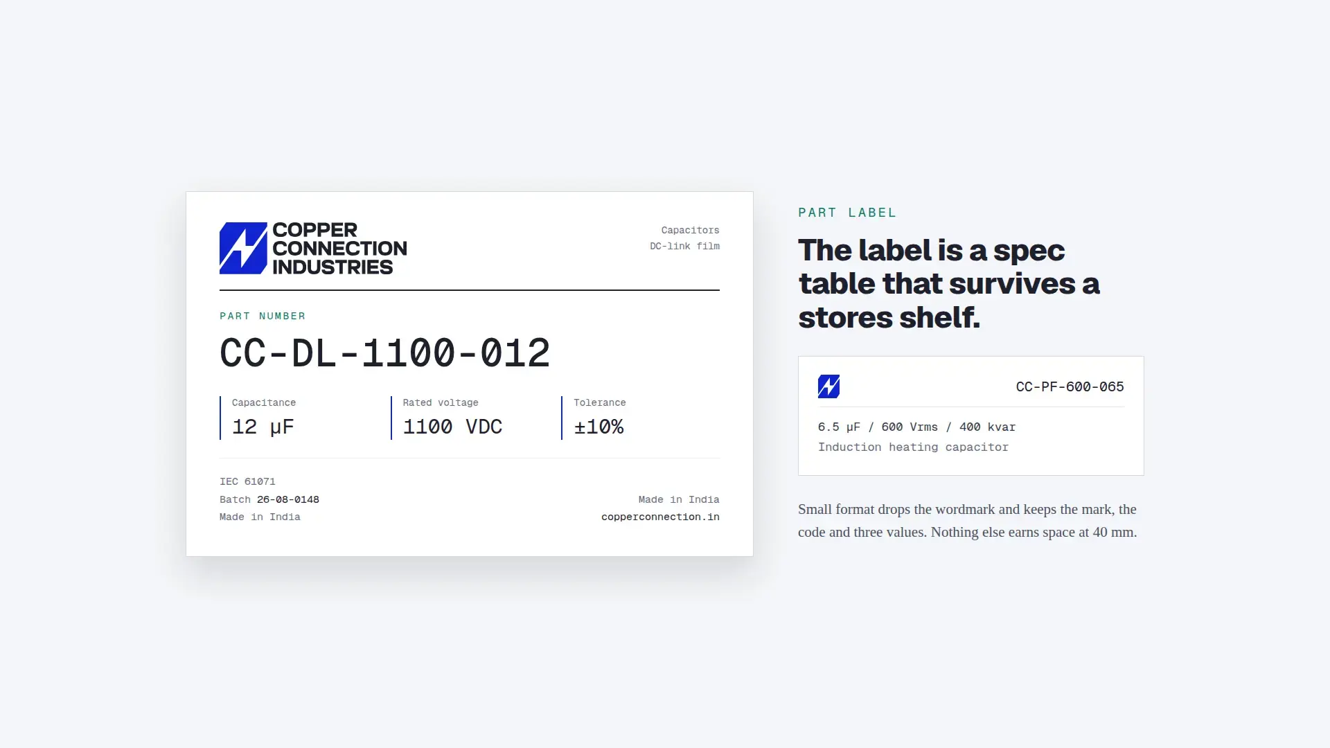 CCI part-label system with a prominent code and aligned product values