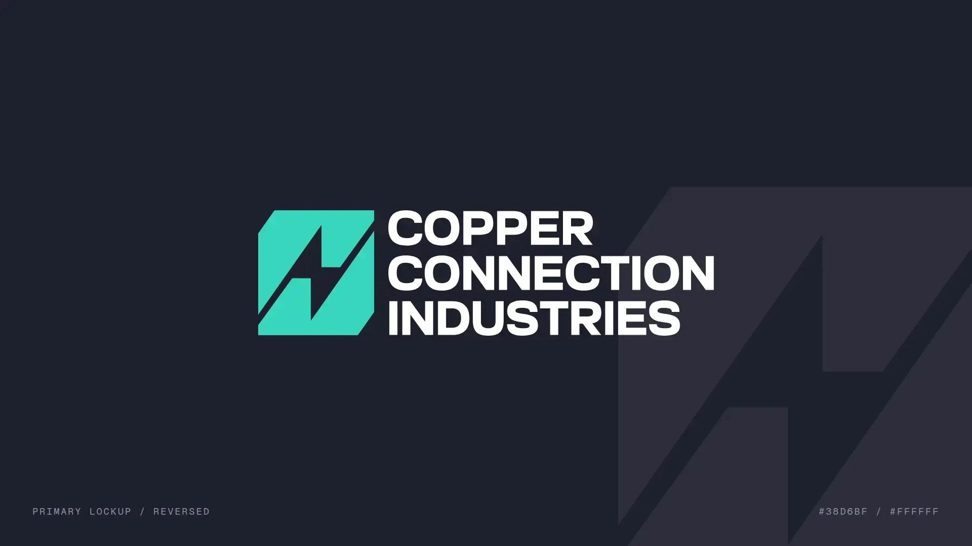 Copper Connection Industries turquoise and white logo on a graphite identity board