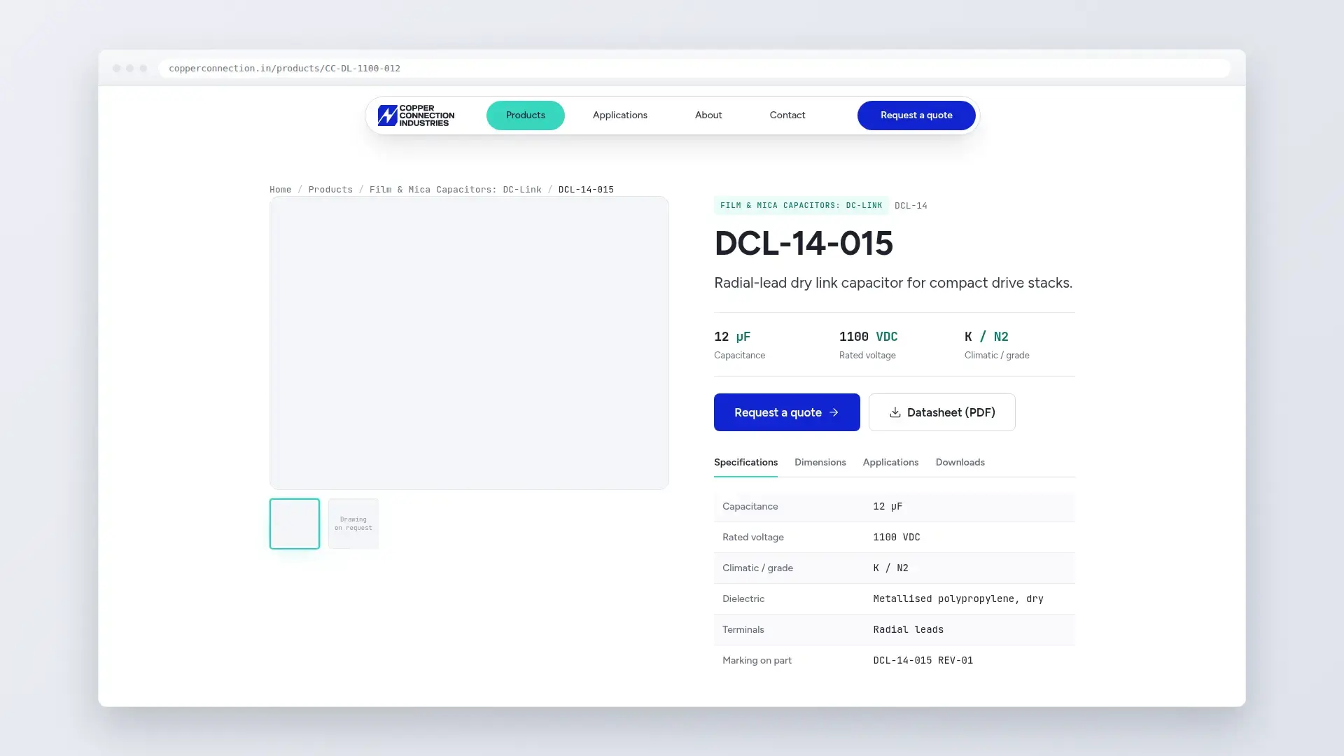 Desktop CCI product page presenting technical specifications without product photography
