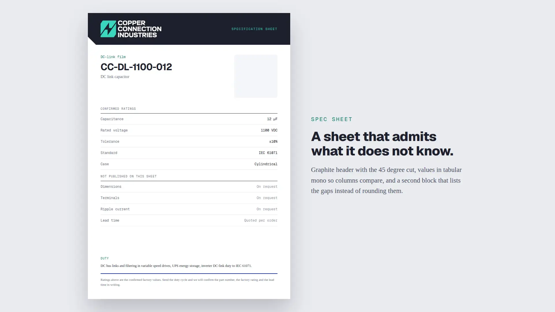 CCI specification sheet separating confirmed ratings from details available on request