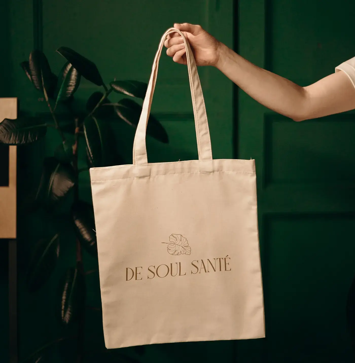 Natural canvas tote printed with the De Soul Santé botanical mark