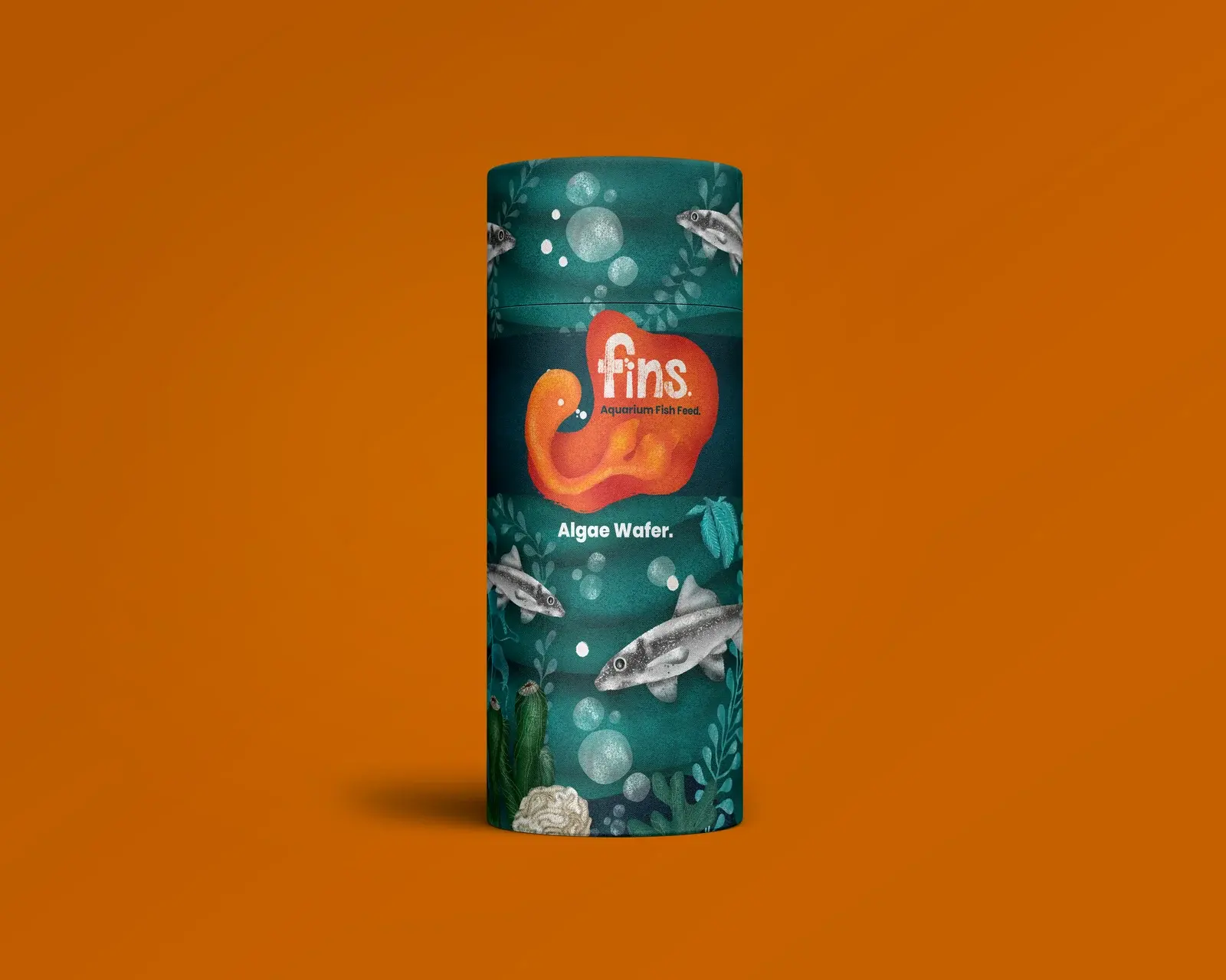 Fins Algae Wafer paperboard tube on a deep orange background