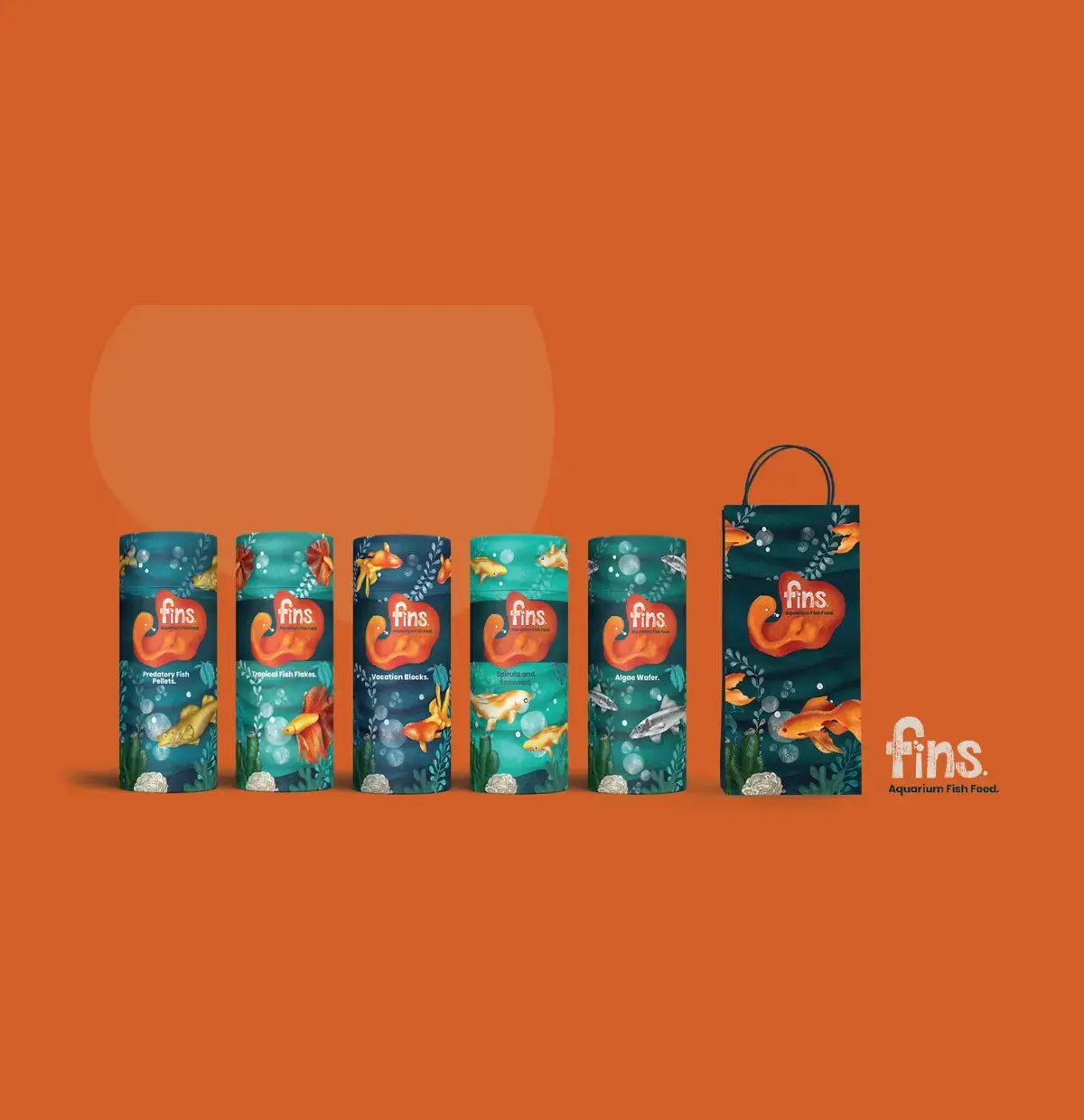 Complete Fins Aquarium Fish Feed family with five tubes and two retail bags