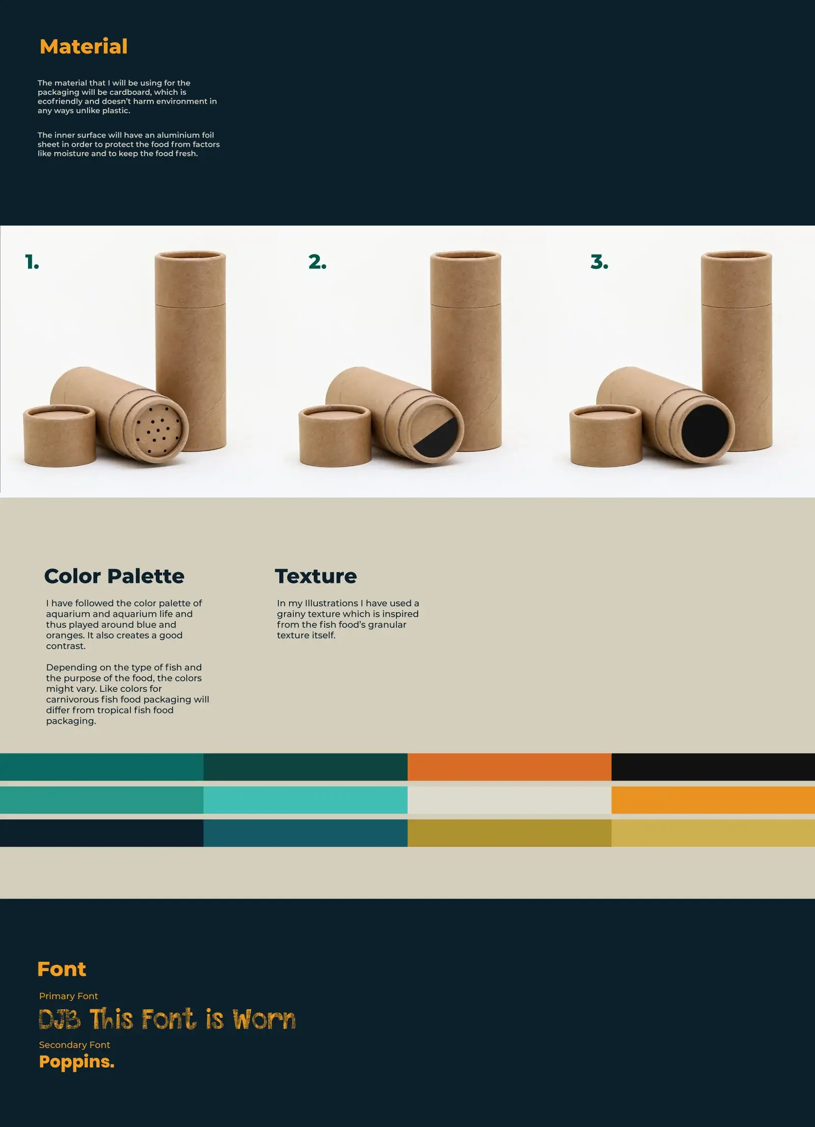 Fins material board with paperboard tubes, colour palette, granular texture and typography
