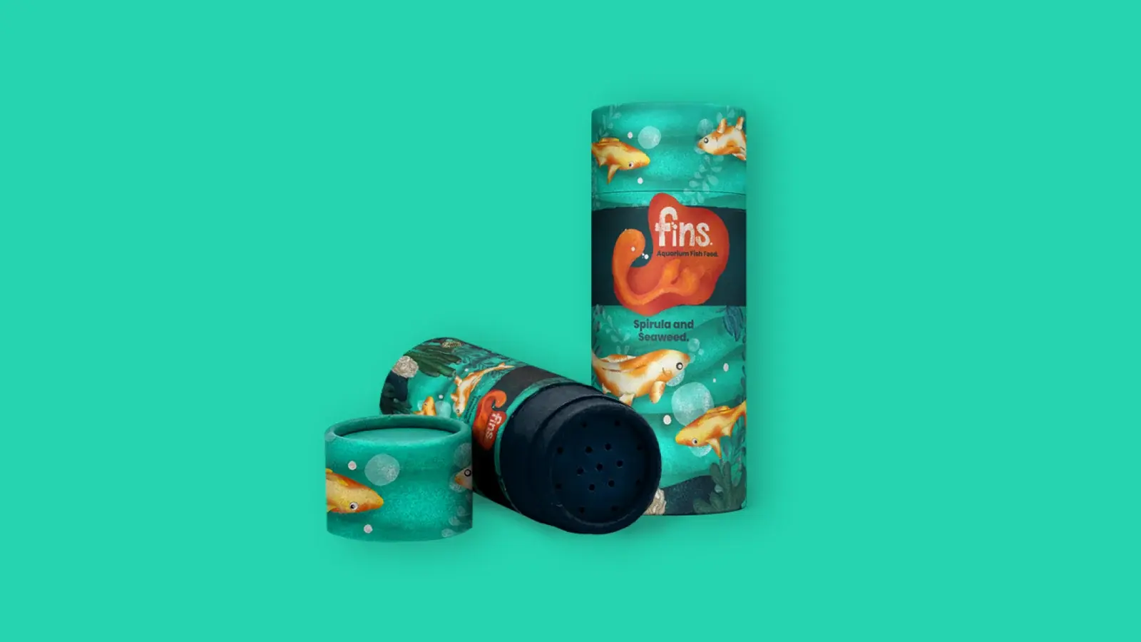 Fins packaging presentation showing tropical fish tube artwork and product variants