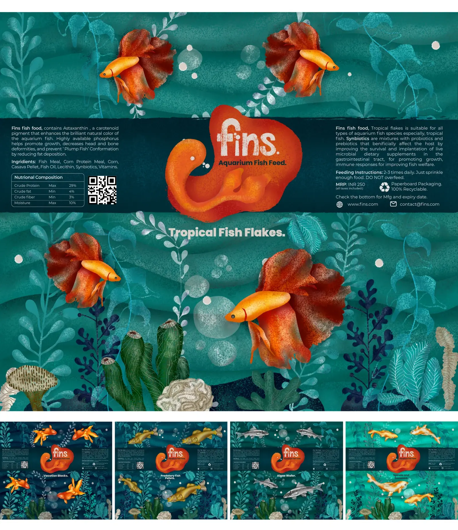 Fins packaging system showing front and back panels across fish-food varieties