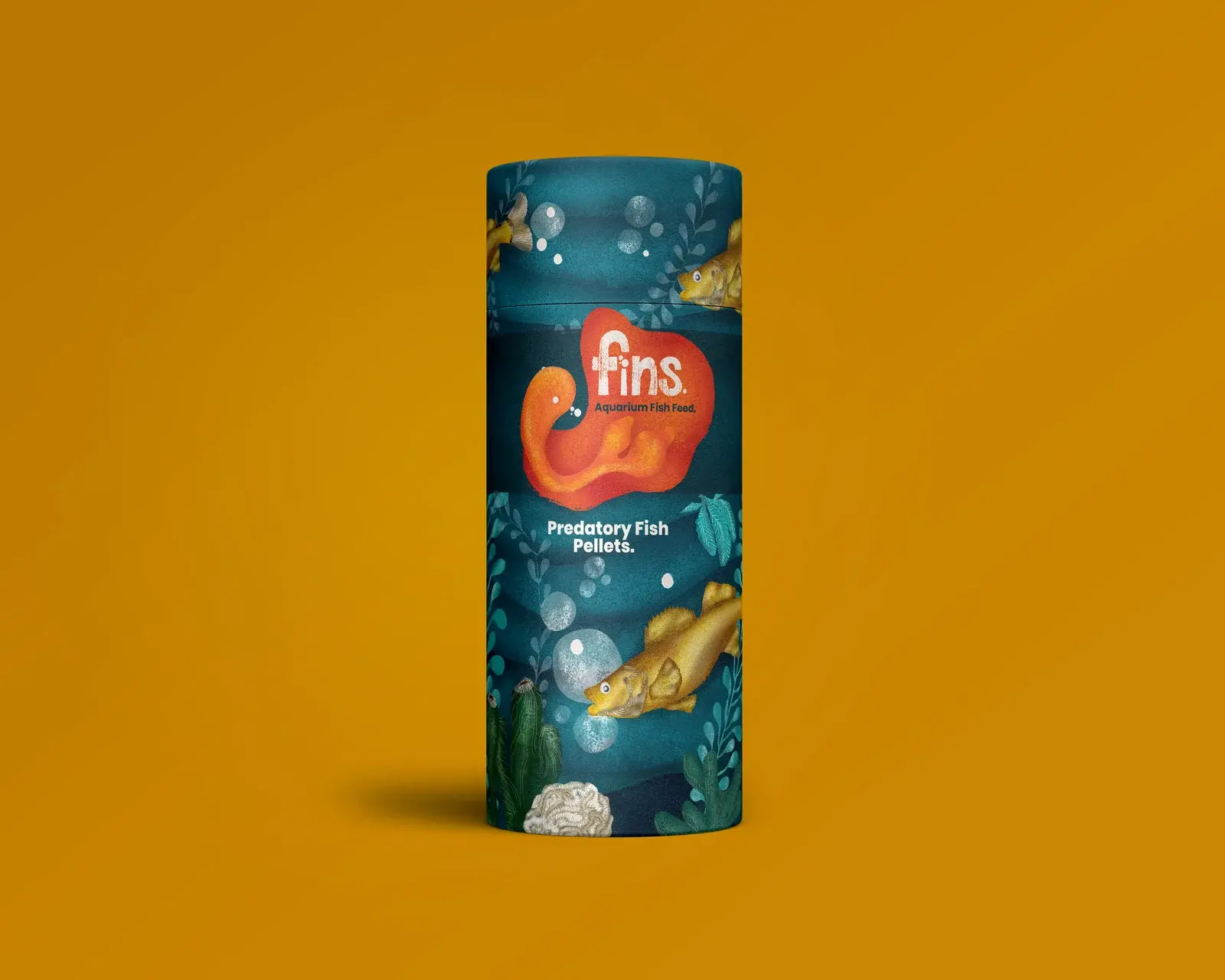 Fins Predatory Fish Pellets paperboard tube on a golden background