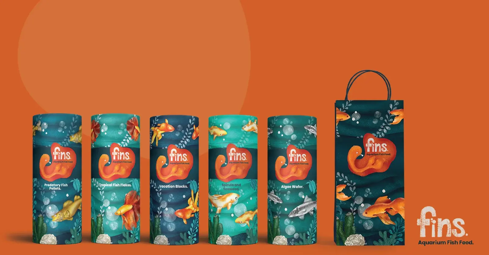 Complete Fins Aquarium Fish Feed family with five tubes and two retail bags