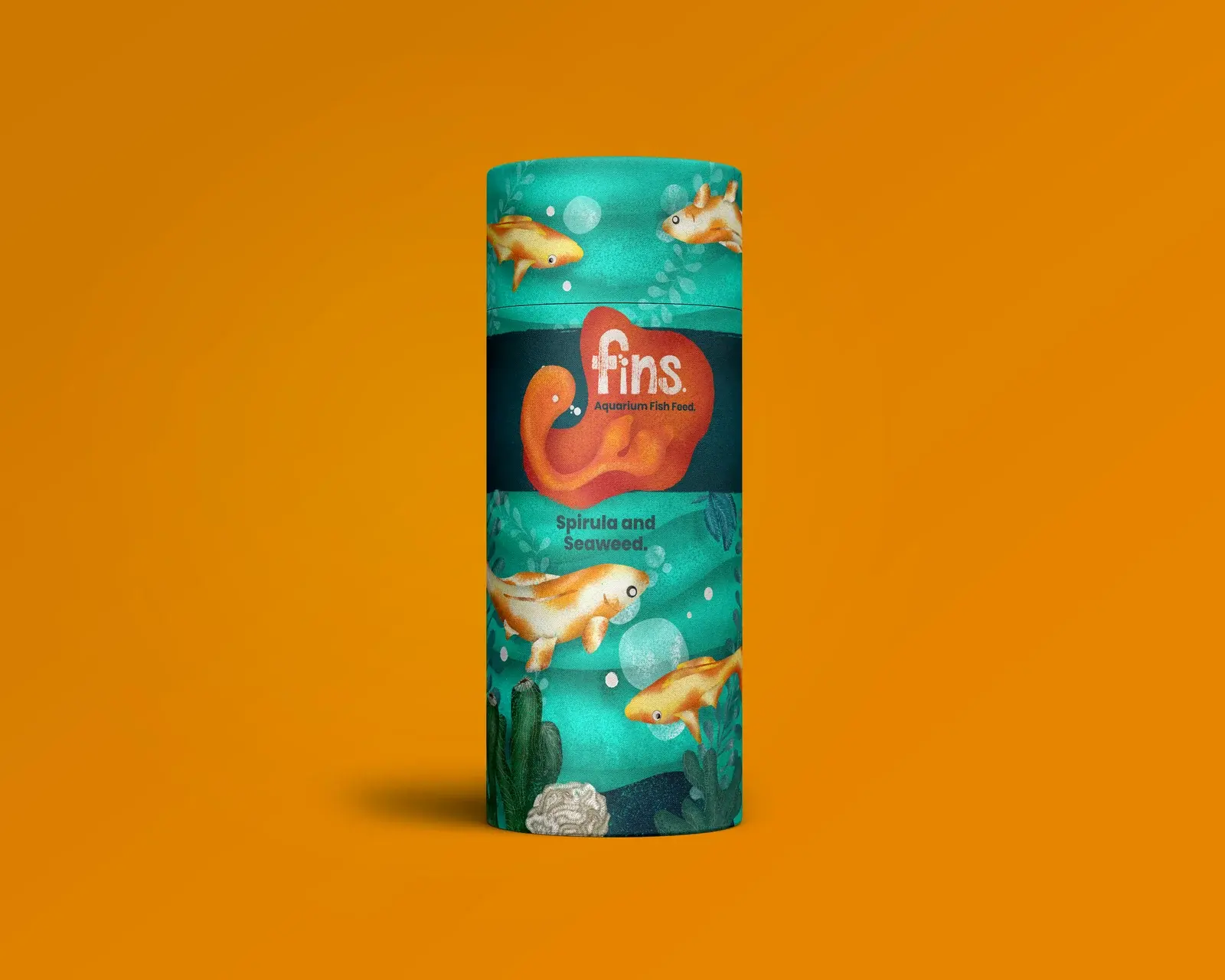 Turquoise Fins fish-feed tube with orange fish illustrations