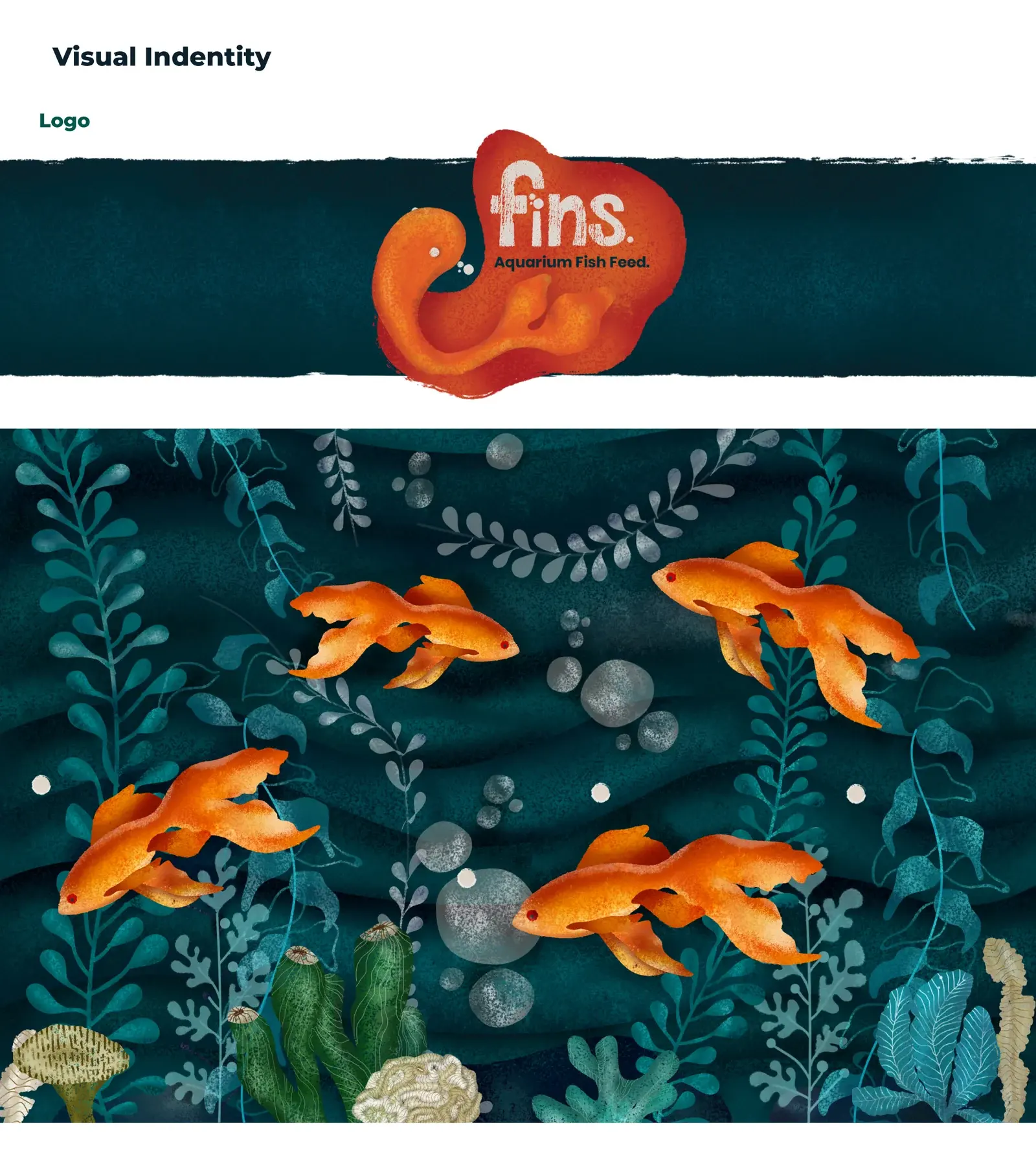 Fins visual identity board with an orange fish-shaped logo and underwater illustration