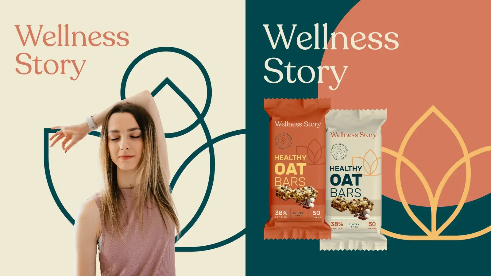 Wellness Story campaign concept with abstract botanical linework and oat bars