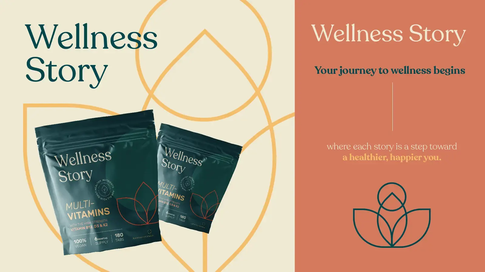 Wellness Story multivitamin packaging with fine botanical linework