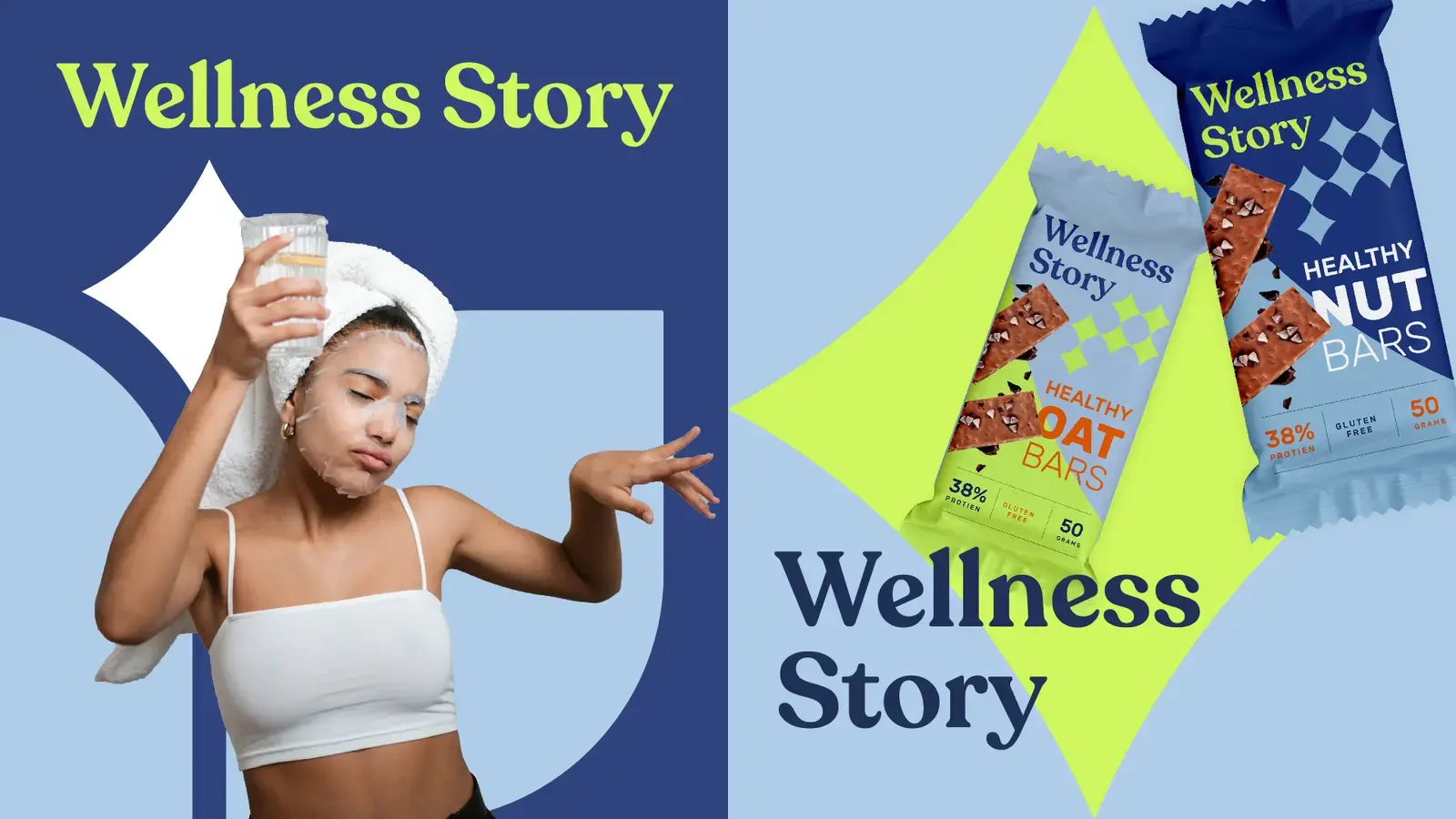 Wellness Story campaign with star forms, blue panels and snack packaging