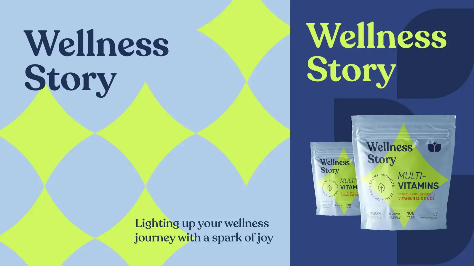 Wellness Story packaging concept with lime star shapes on pale blue
