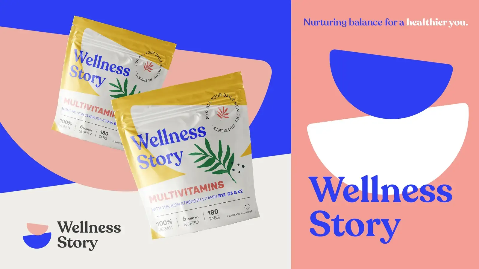 Wellness Story packaging concept in blue, pink and warm yellow