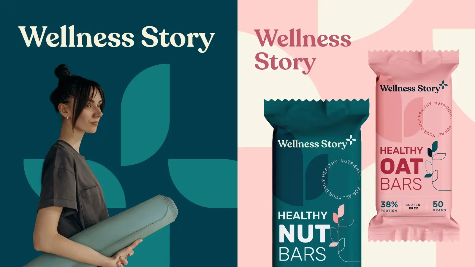 Wellness Story campaign concept with botanical shapes and oat-bar packaging