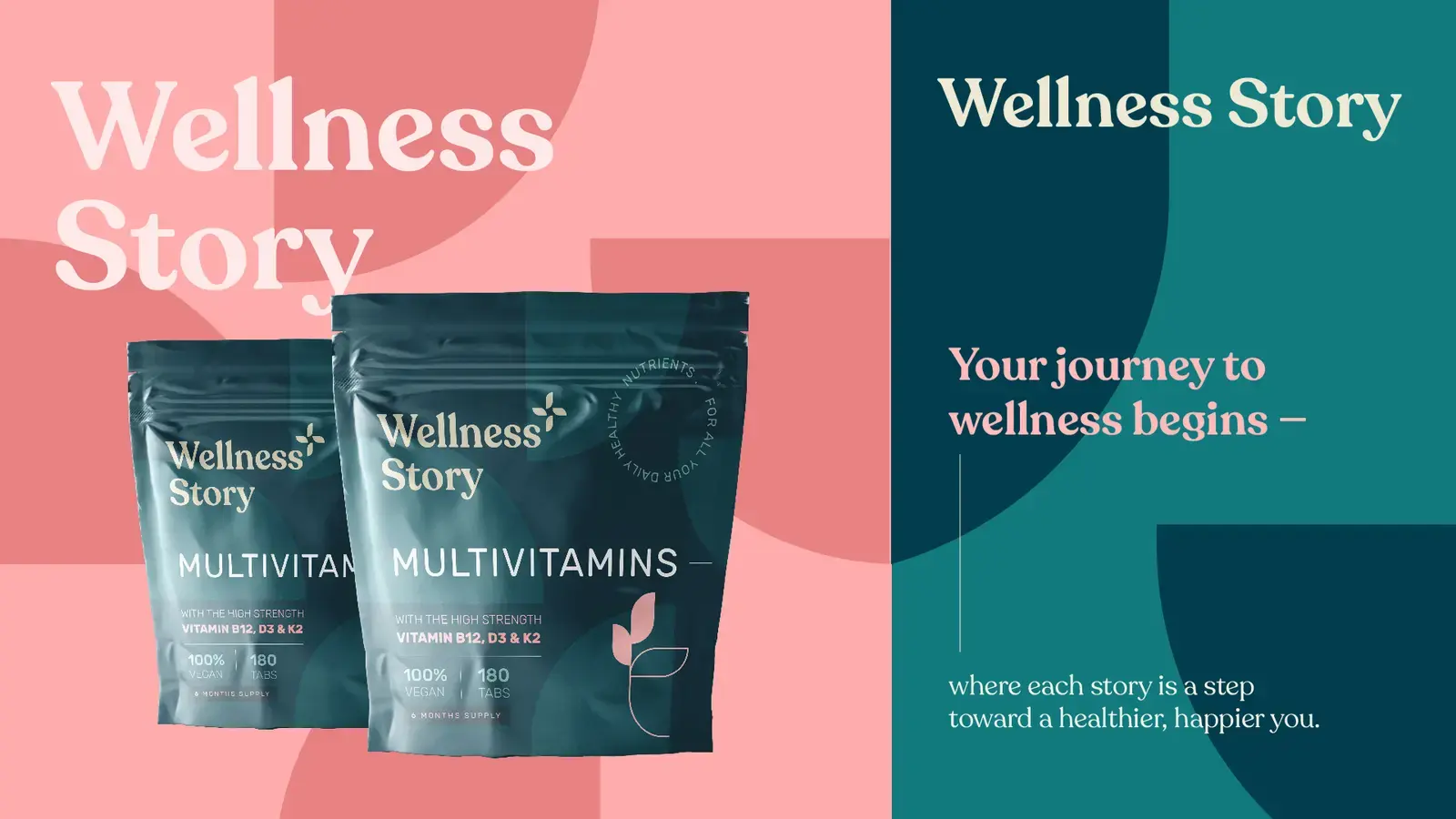 Wellness Story multivitamin packaging in coral, pink and deep teal