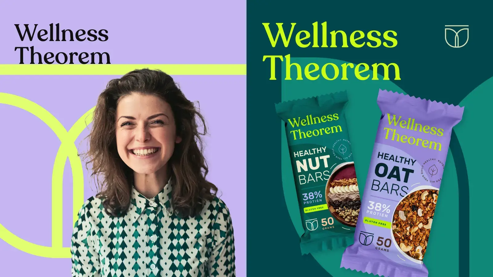 Wellness Theorem campaign concept in lilac, forest green and fluorescent yellow