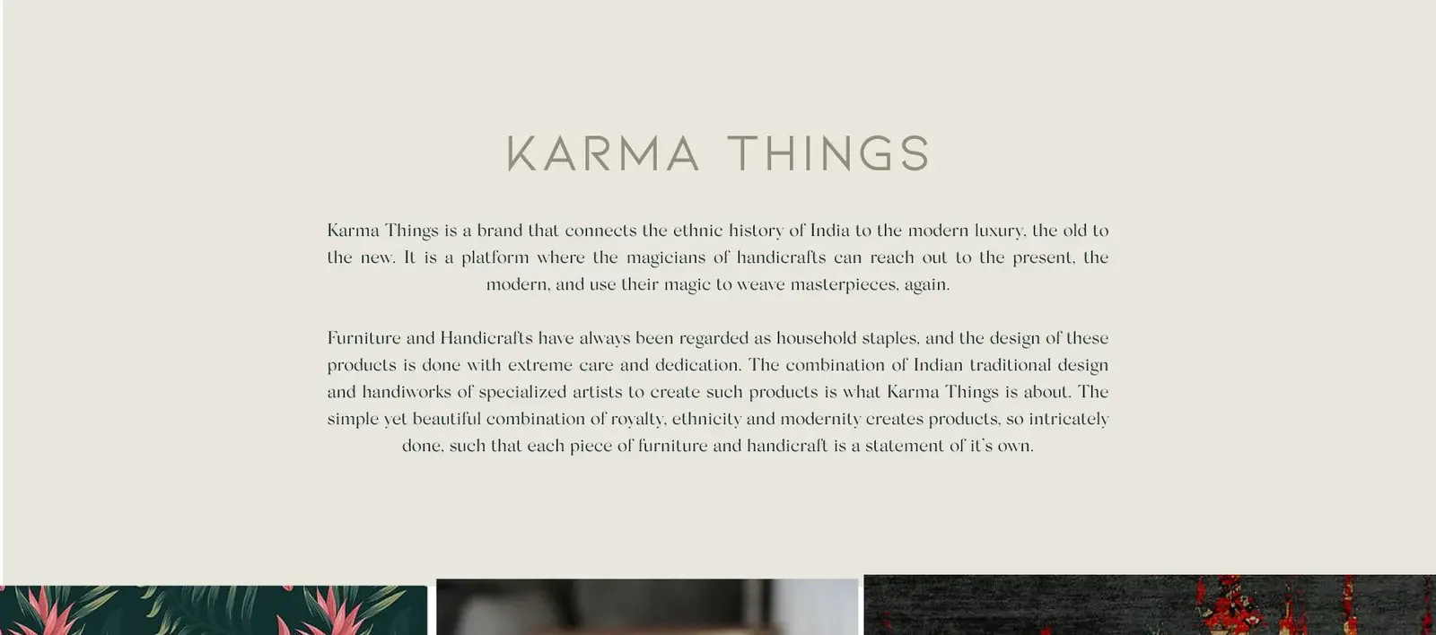 Karma Things concept introduction describing furniture and handicrafts that connect Indian history with modern luxury