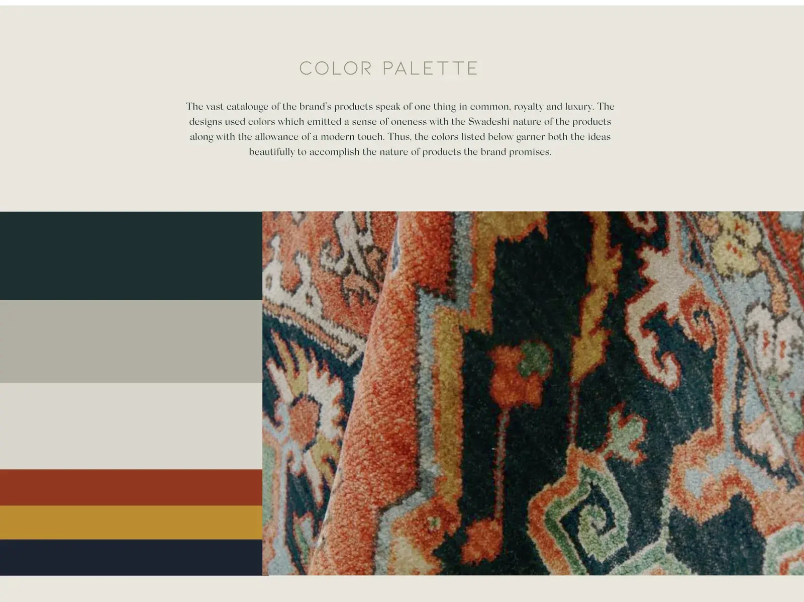Karma Things colour palette drawn from a richly patterned rug