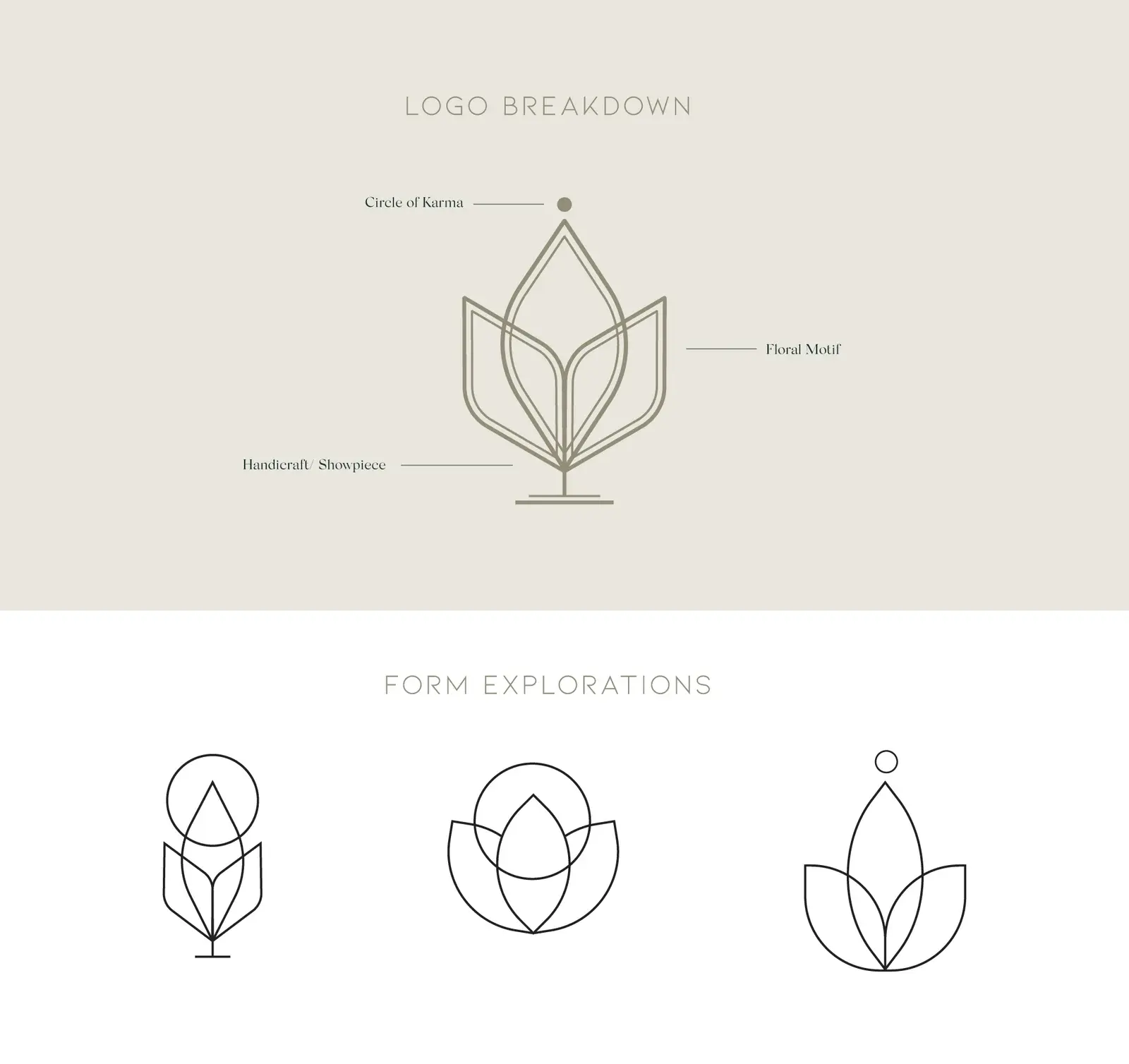 Karma Things logo breakdown and three floral form explorations