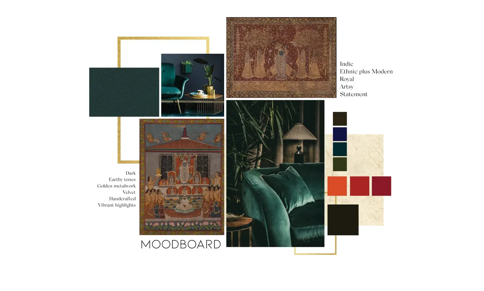 Karma Things moodboard pairing heritage imagery with deep green, red, ochre and warm neutral swatches