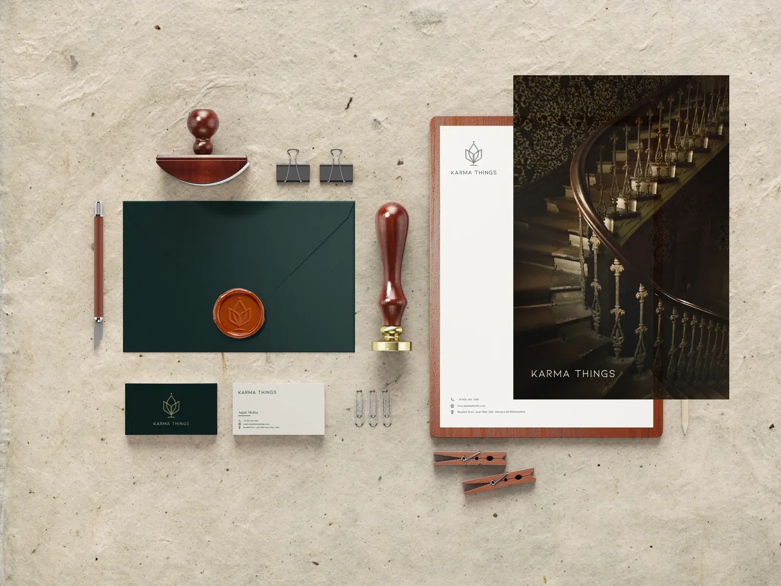 Complete Karma Things stationery family with cards, envelope, letterhead, brochure and wax seal