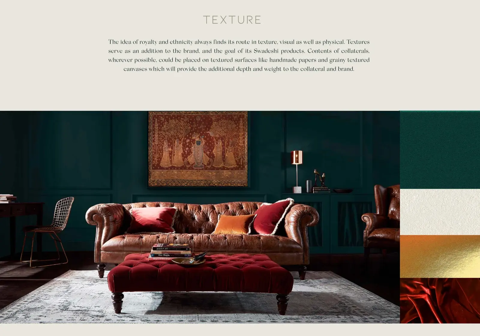 Karma Things texture board pairing a heritage interior with wood, paper, metal and textile details