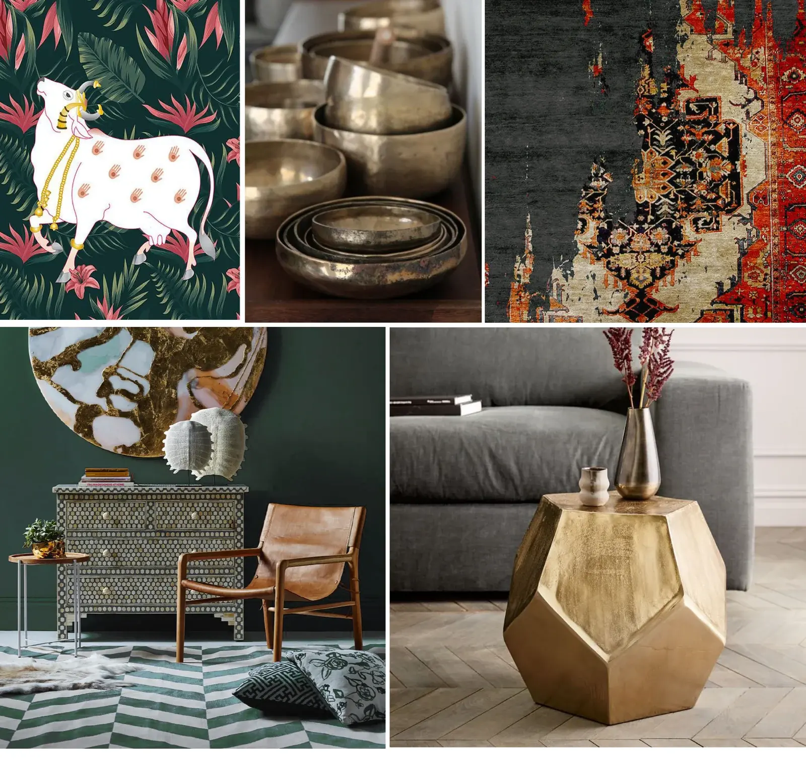 Karma Things visual references combining Indian art, metal craft, patterned rugs and contemporary furniture
