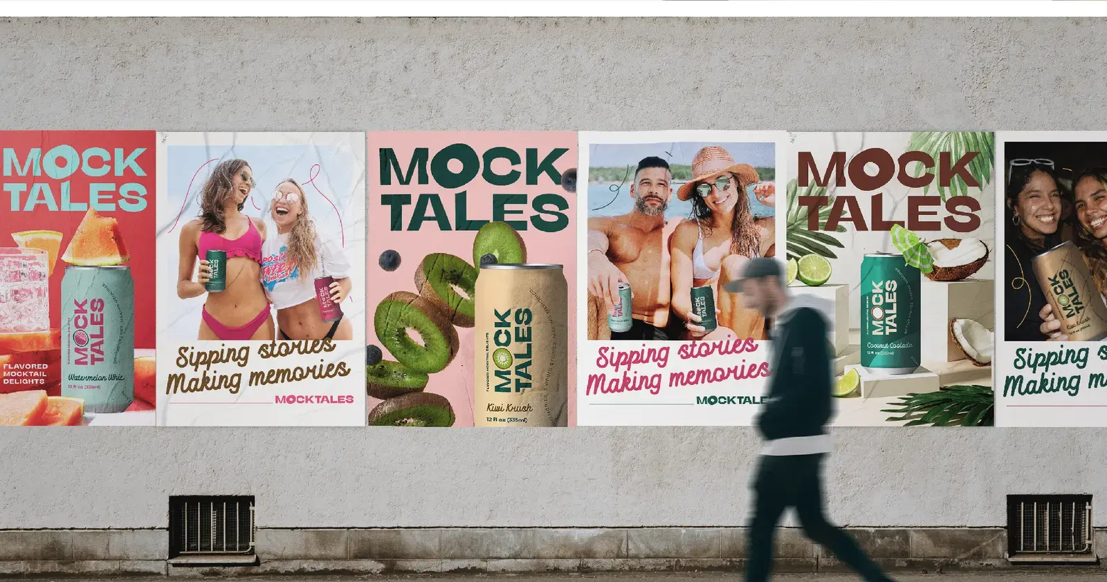 A run of colourful Mocktales campaign posters across a concrete wall