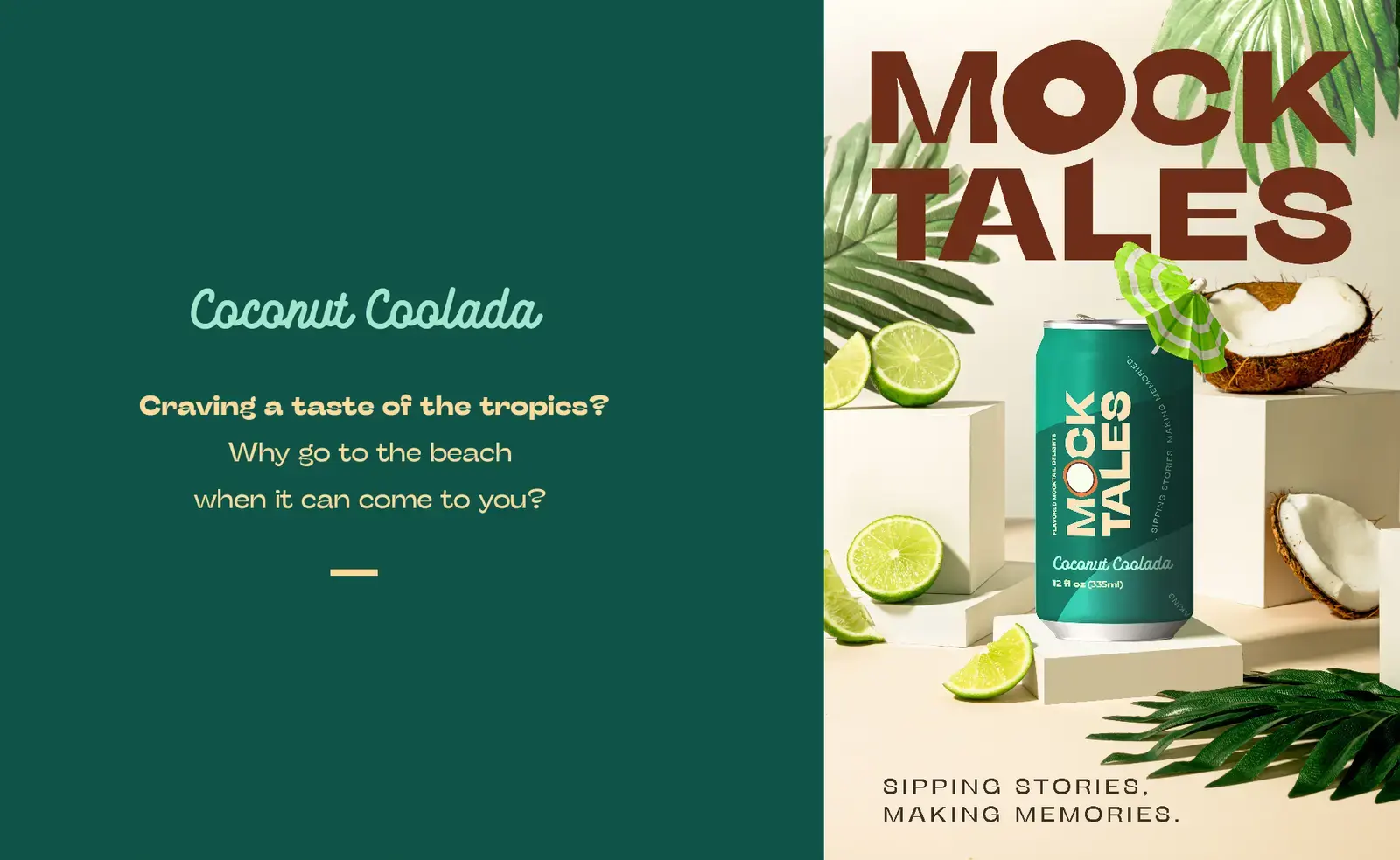 Coconut Coolada can beside coconut pieces and a deep green story panel