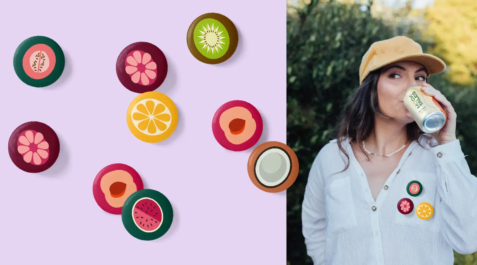 Mocktales fruit pin badges beside a person drinking from a branded can