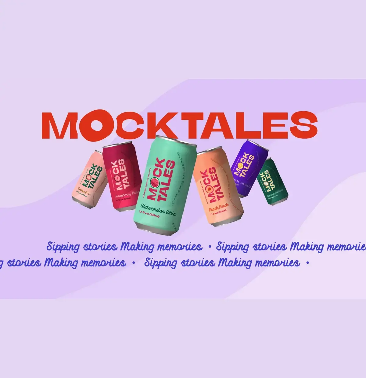 Mocktales wordmark and six colourful mocktail cans on a lilac backdrop
