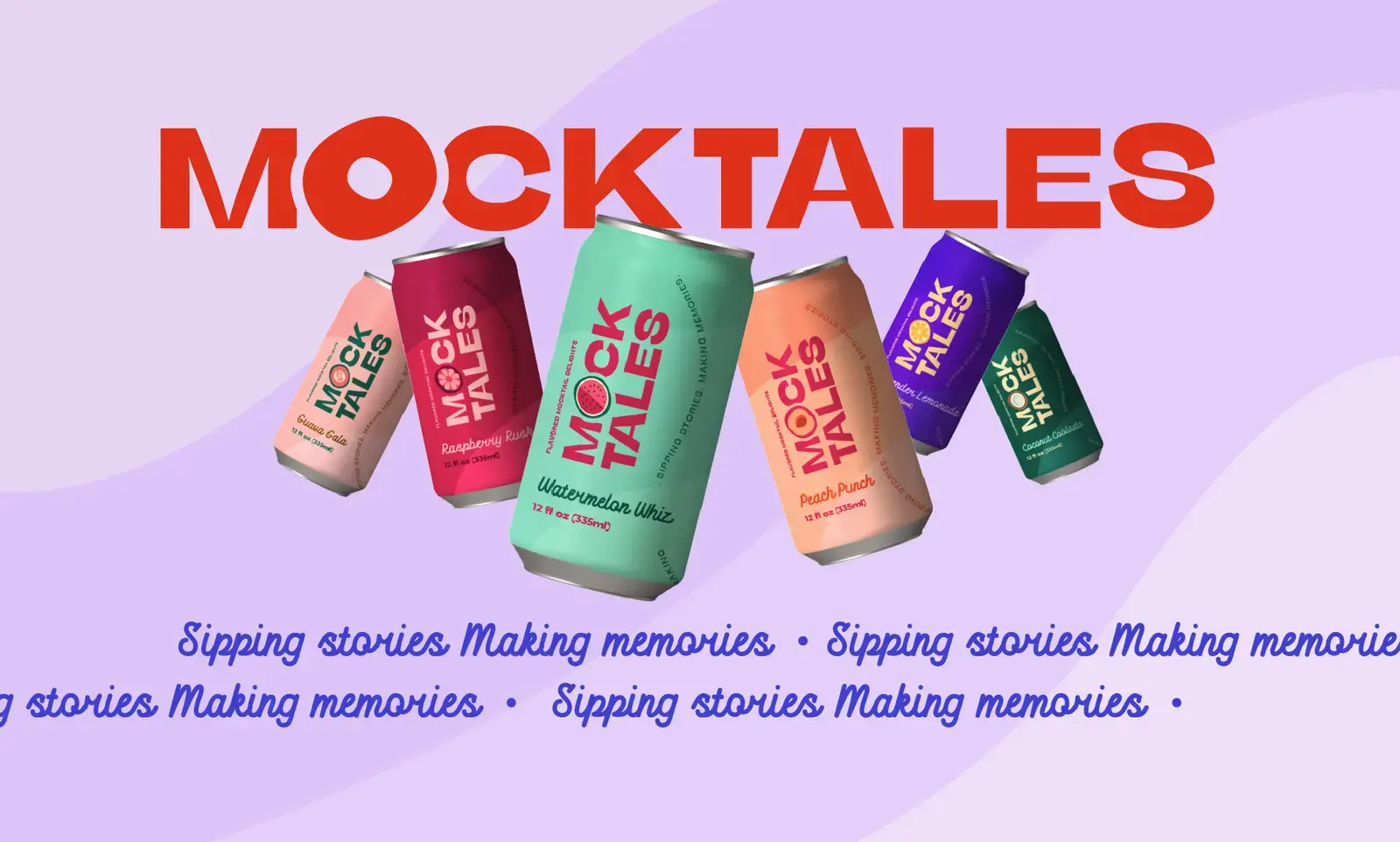 Mocktales wordmark and six colourful mocktail cans on a lilac backdrop