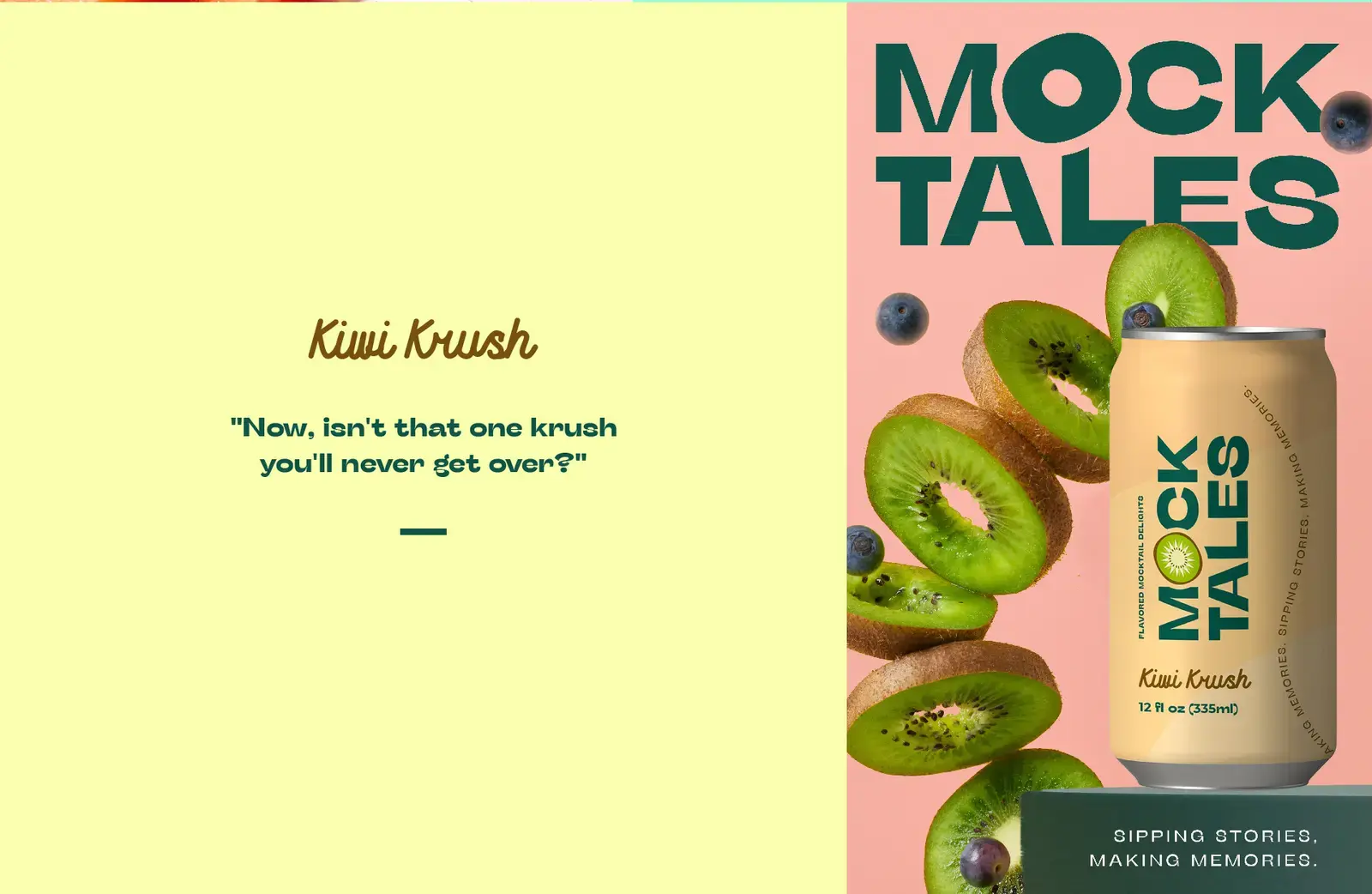 Kiwi Krush can surrounded by fruit beside a pale yellow message panel