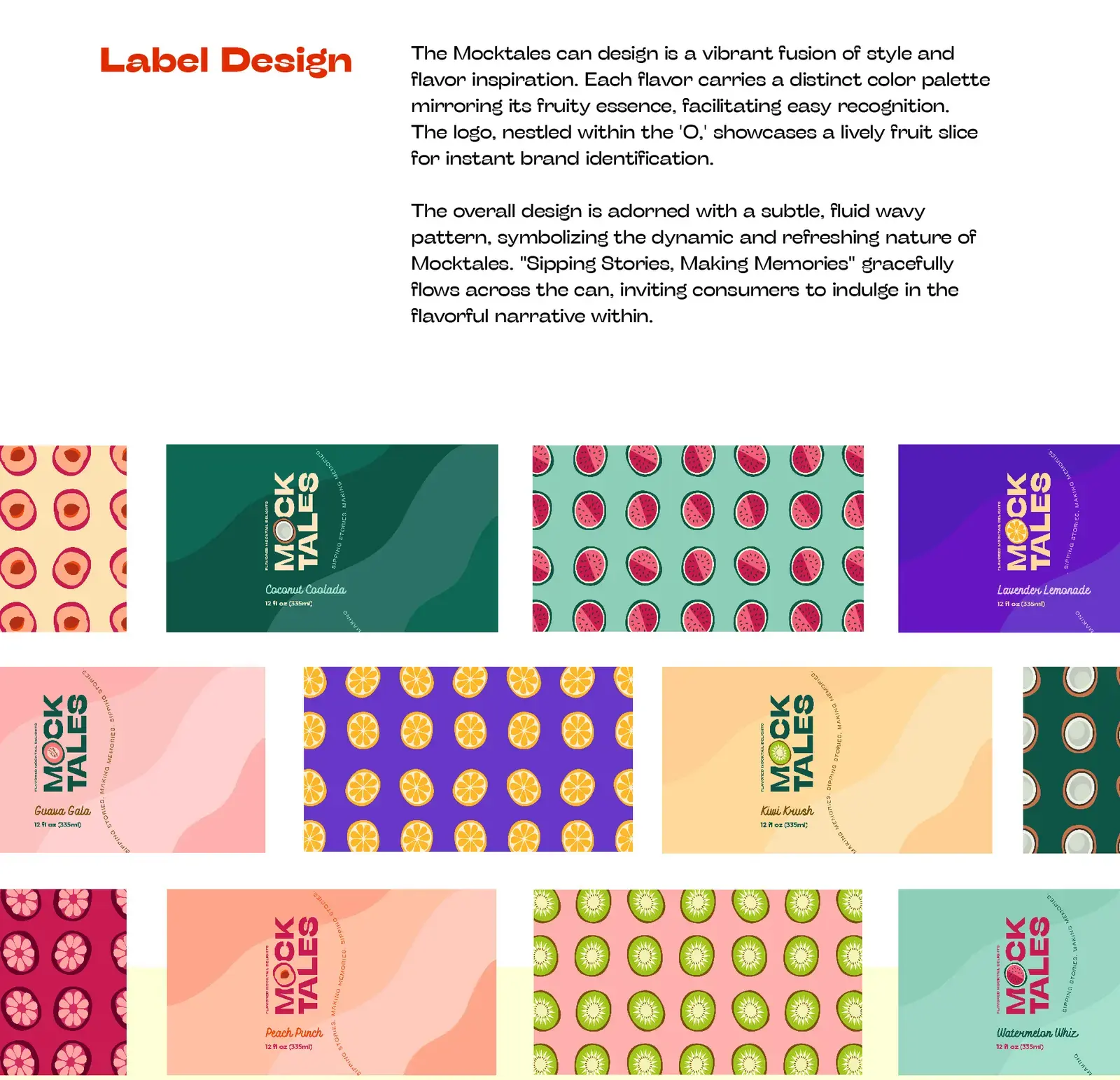 Mocktales label system pairing fruit patterns with individual flavour colours