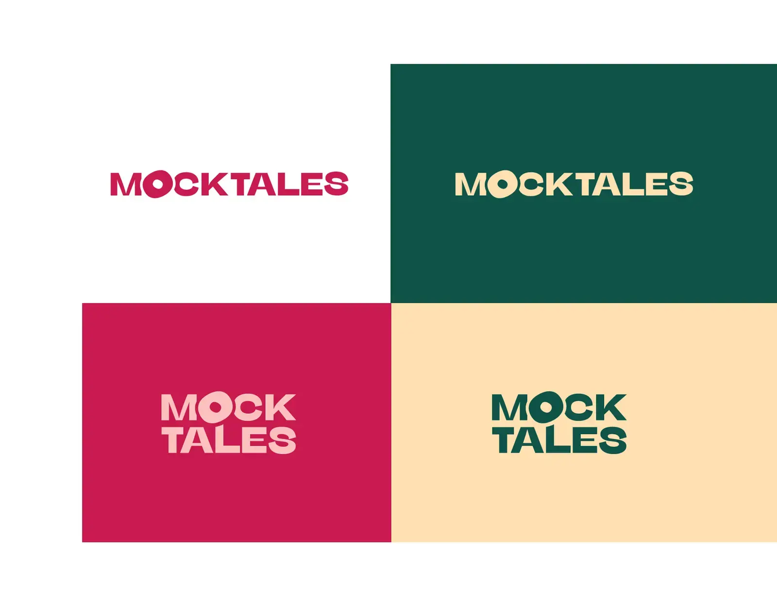 Mocktales wordmark shown across white, green, magenta and peach surfaces