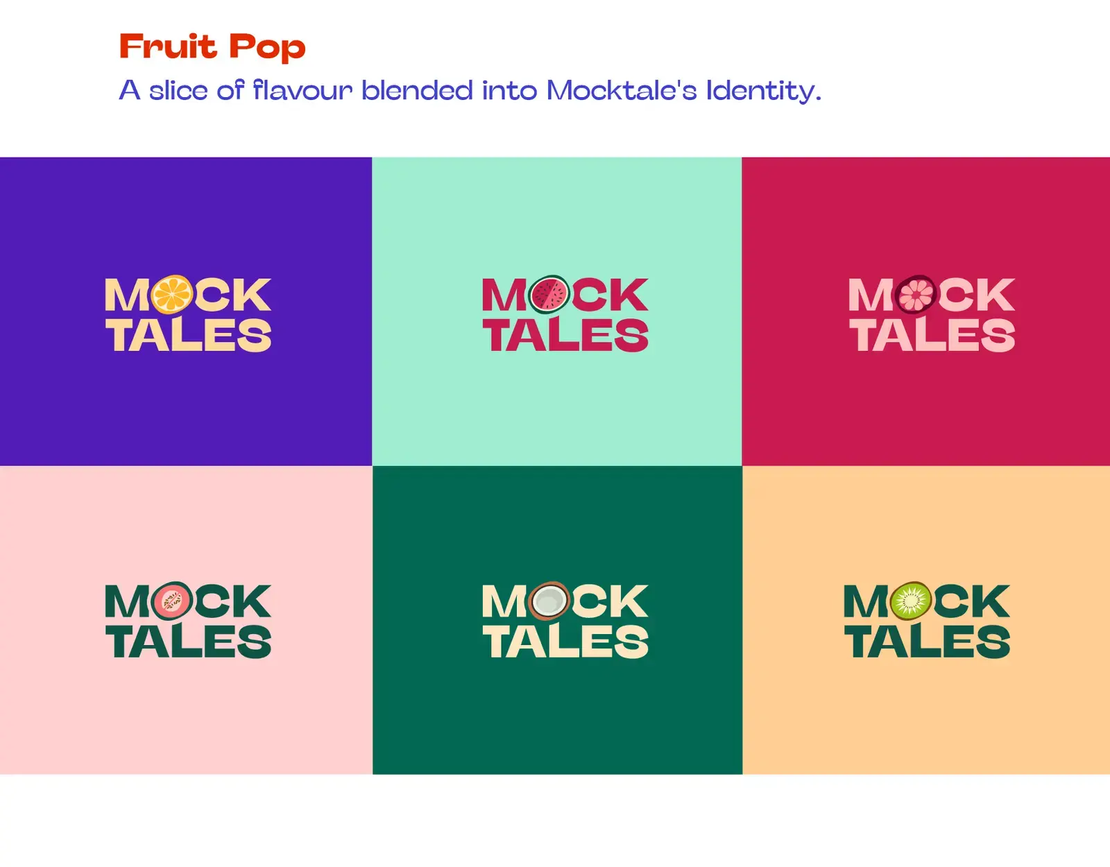 Six Mocktales wordmark variants in vivid fruit-inspired colour combinations