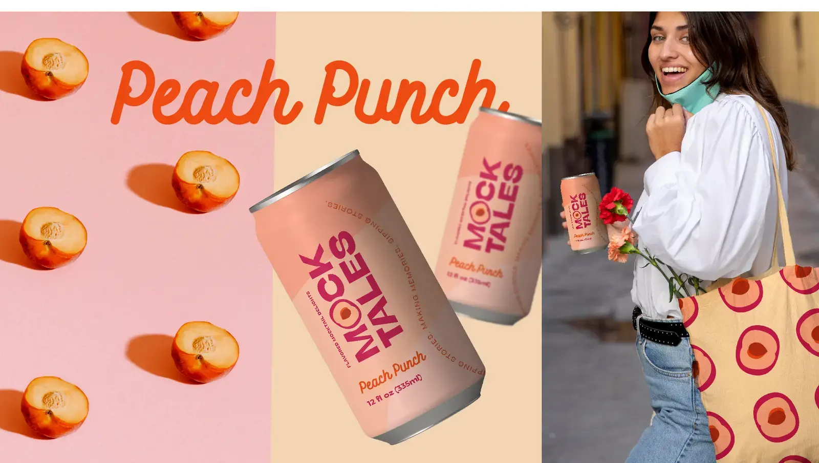 Peach Punch can display beside a person carrying a fruit-pattern tote