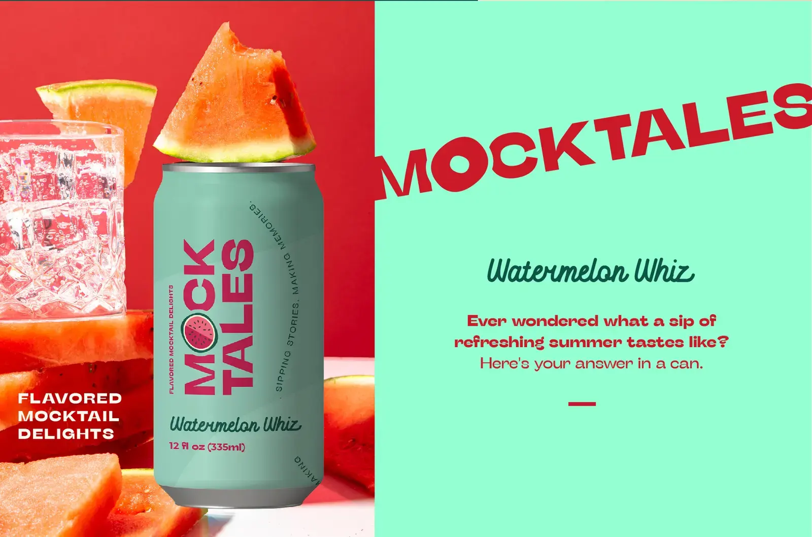 Watermelon Whizz can with a watermelon mocktail and aqua campaign panel