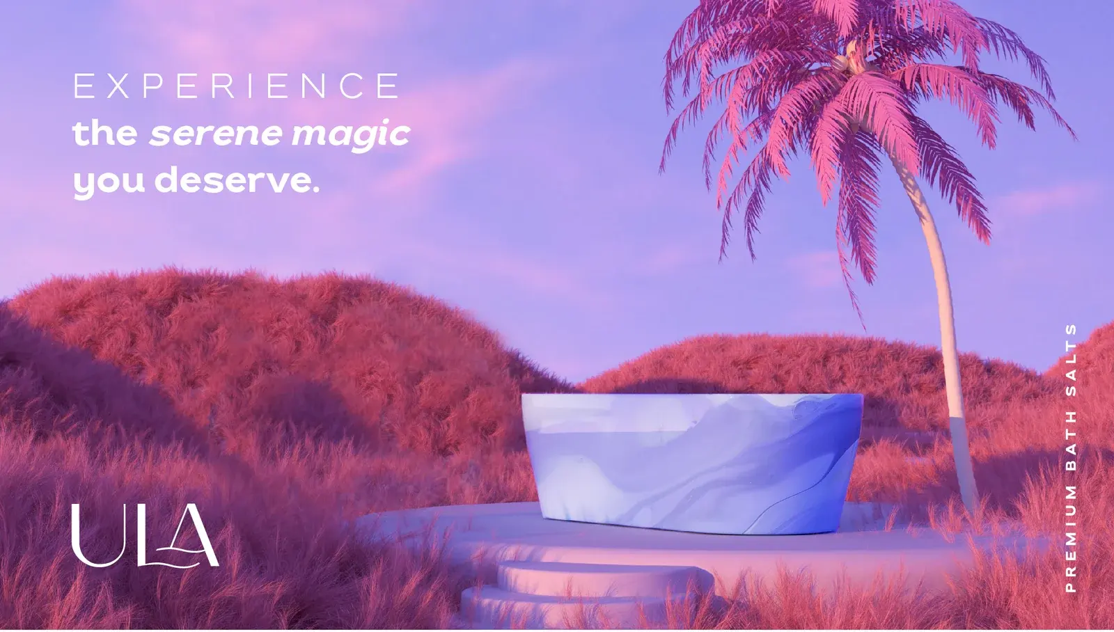 ULA campaign landscape in violet and coral with a bath-salt vessel on a plinth