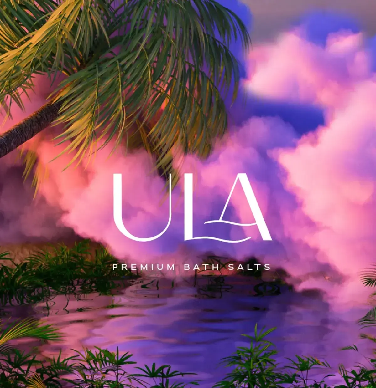 ULA wordmark over a saturated tropical landscape with pink clouds and palms