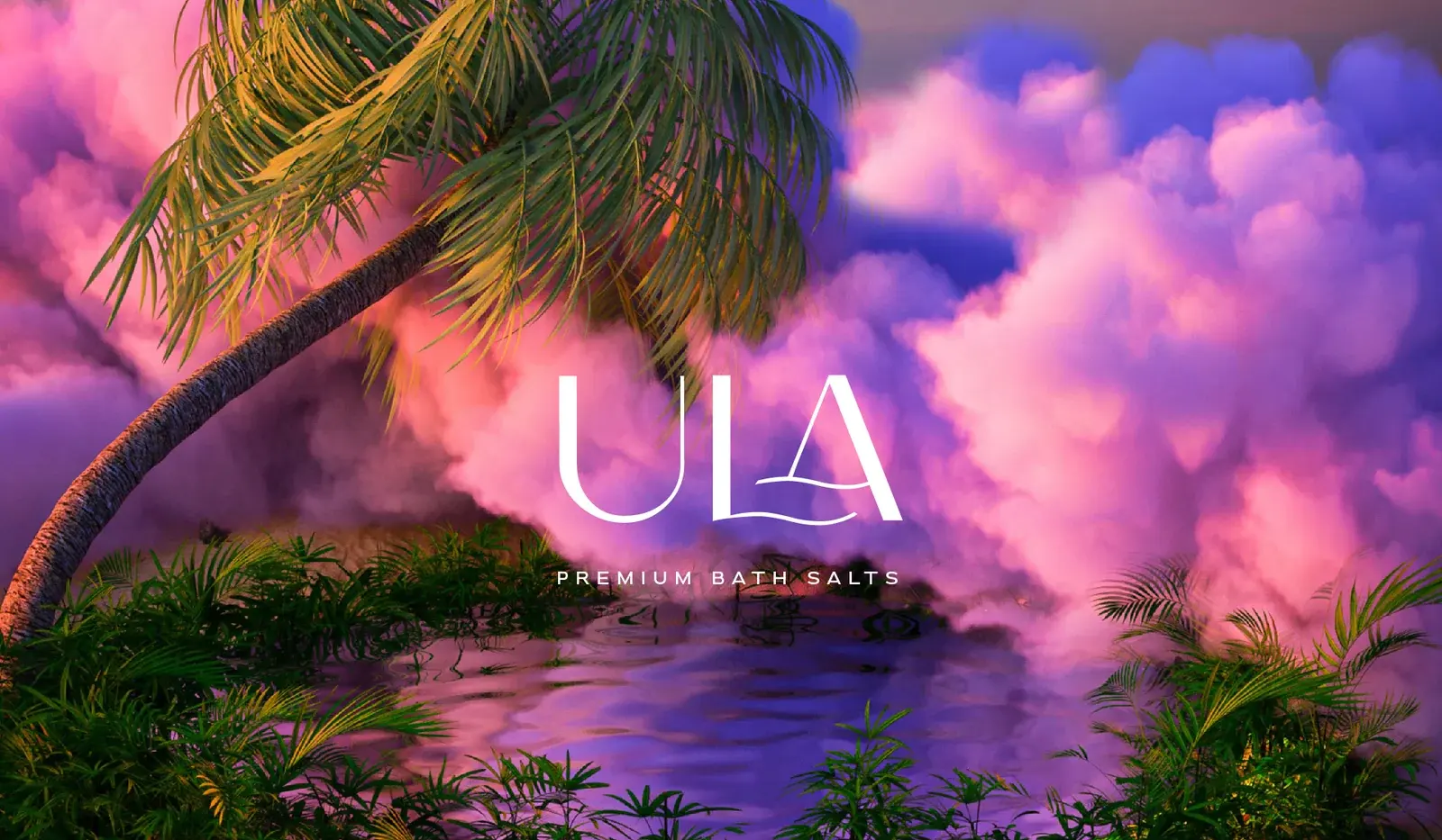 ULA wordmark over a saturated tropical landscape with pink clouds and palms