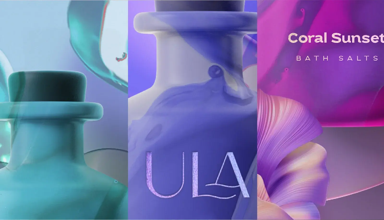 Close-up triptych of turquoise bottle, violet ULA wordmark and Coral Sunset packaging